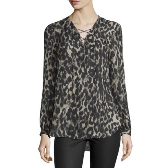 Haute Hippie Tops - Haute Hippie Leopard Print Silk Blouse Lace Up V-Neck Long Sleeve Top 60801119GG